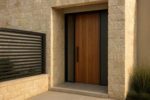 Detalle arquitectónico de acceso residencial moderno con materiales premium en Lomas de Angelópolis