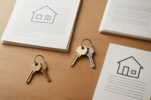 Mesa con documentos legales y llaves para compra de casa nueva y usada, vista desde arriba
