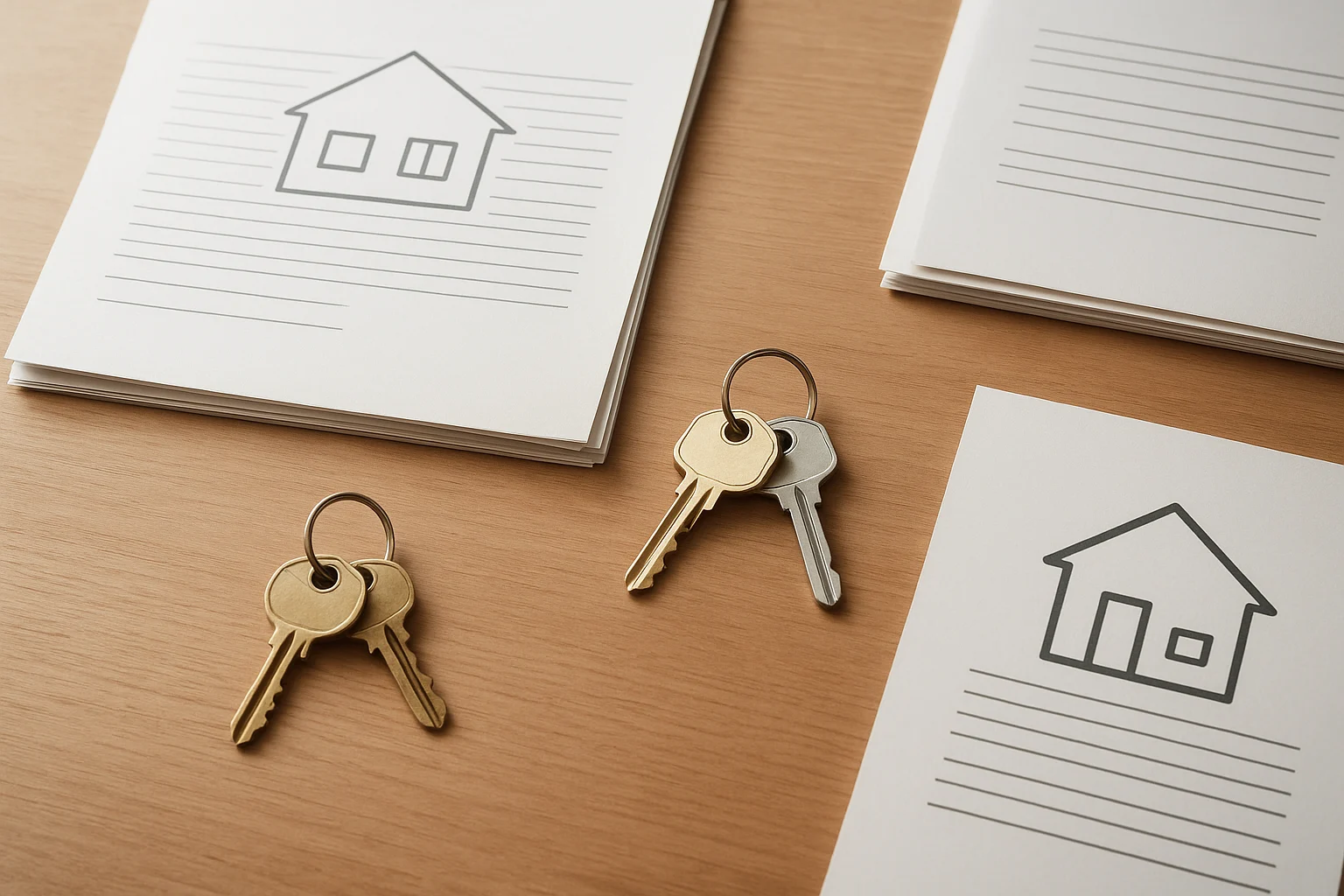 Mesa con documentos legales y llaves para compra de casa nueva y usada, vista desde arriba