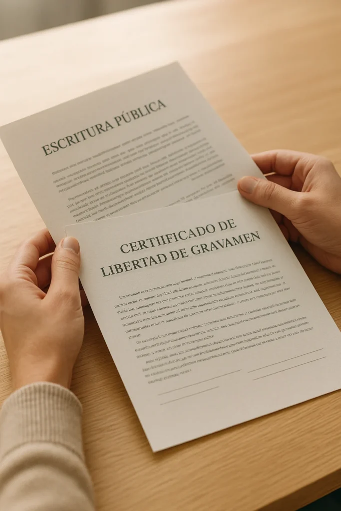 Manos revisando escritura pública y certificado de gravamen en mesa de madera clara bajo luz natural
