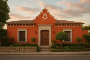 Fachada frontal de casa tradicional en un vecindario residencial tranquilo de Puebla al atardecer