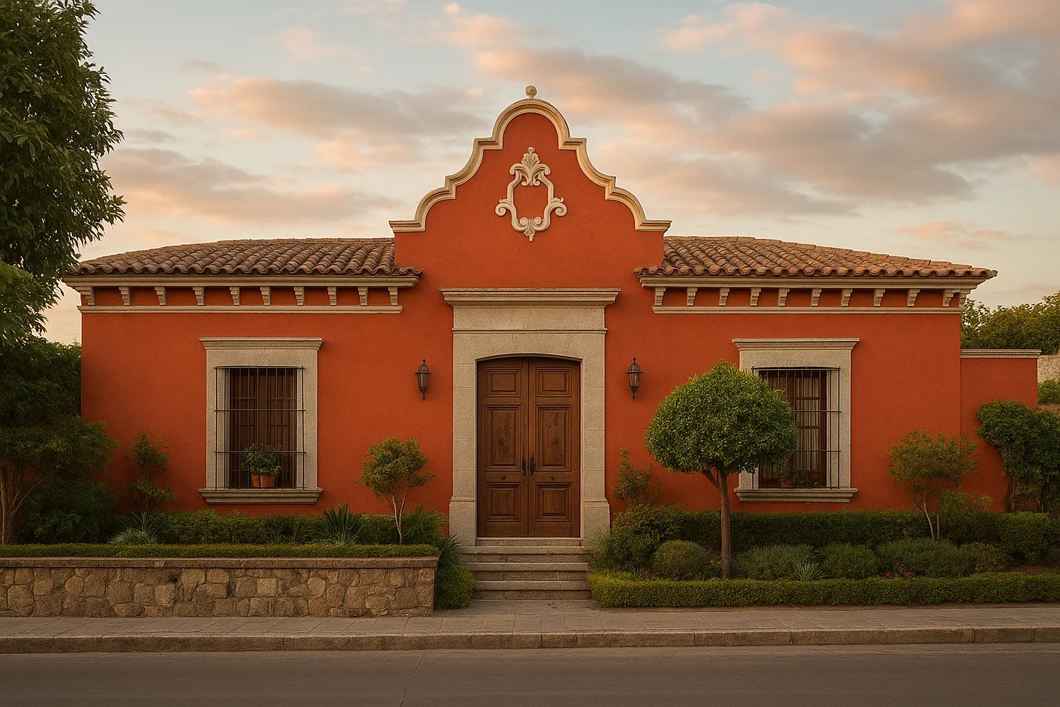 Fachada frontal de casa tradicional en un vecindario residencial tranquilo de Puebla al atardecer
