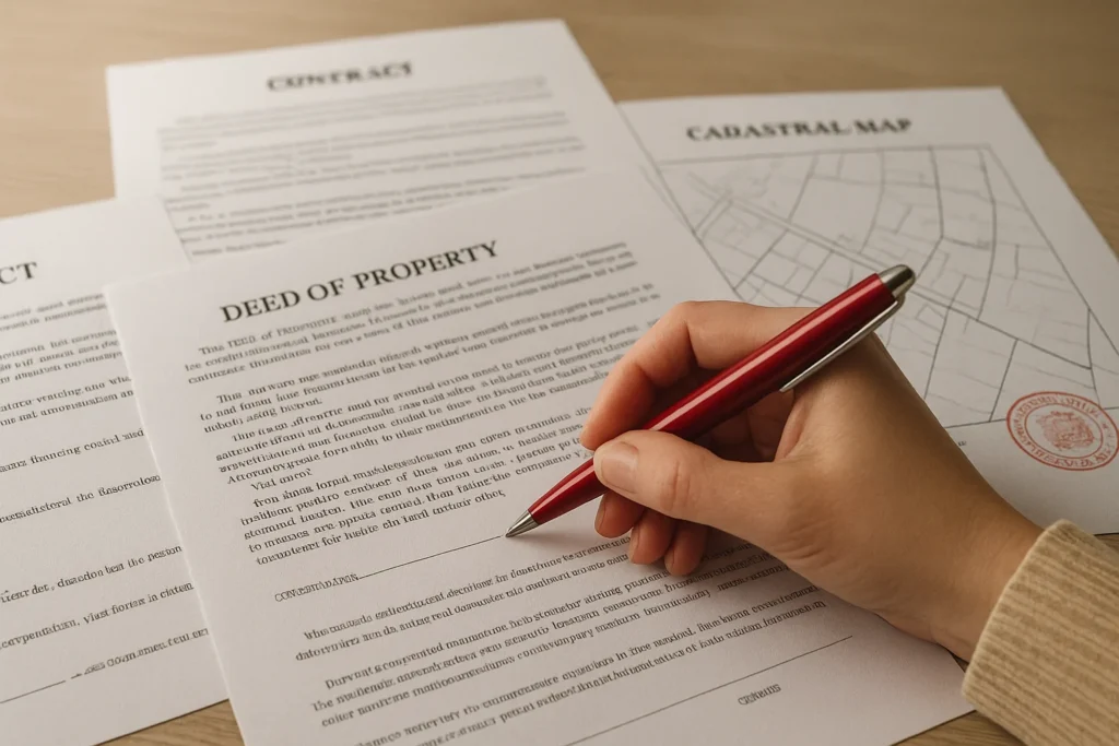 Mano revisando documentos legales para compra de casa sobre mesa de madera con luz natural tenue