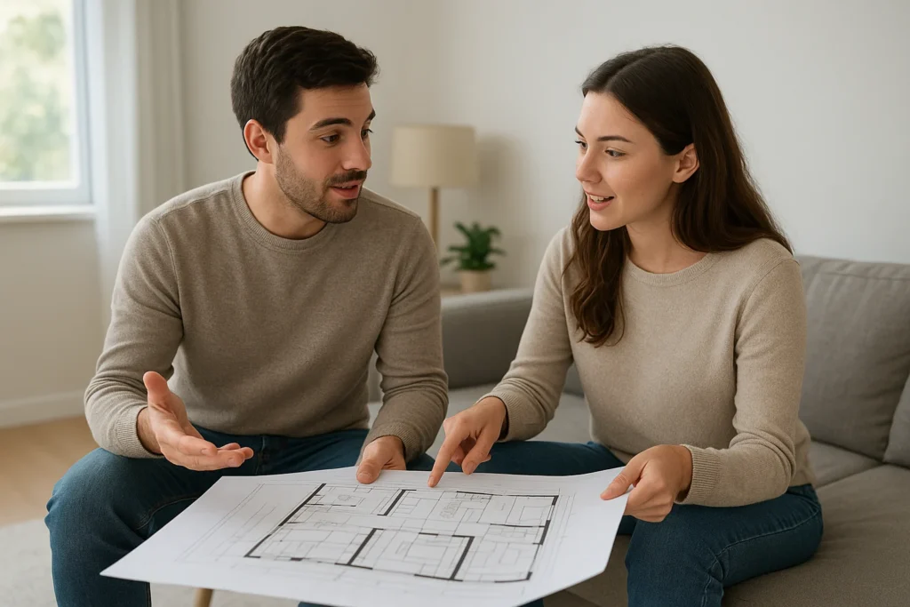 Pareja revisando planos para personalización de casa nueva en sala luminosa y moderna