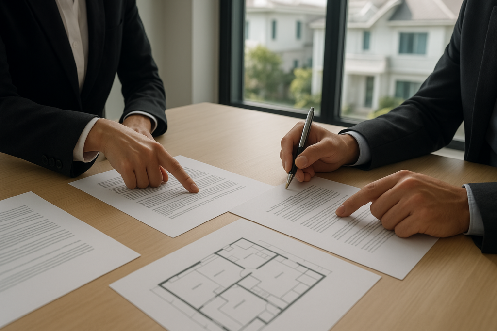 Manos de profesionales revisando documentos inmobiliarios sobre una mesa con luz natural y vista residencial al fondo