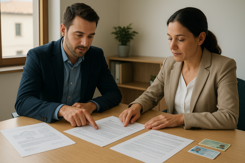 Profesionales revisando documentos legales para la venta de una propiedad en Puebla en un ambiente de oficina bien iluminado.